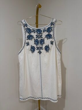Free People White Dress with Blue Embroidered Detail
